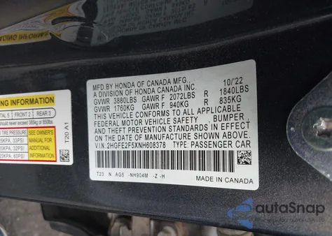 2022 Honda Civic Sport from USA, damaged, VIN 2HGFE2F5XNH608378